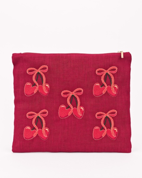 Kosmetyczka lniana, haftowana - wisienki serca